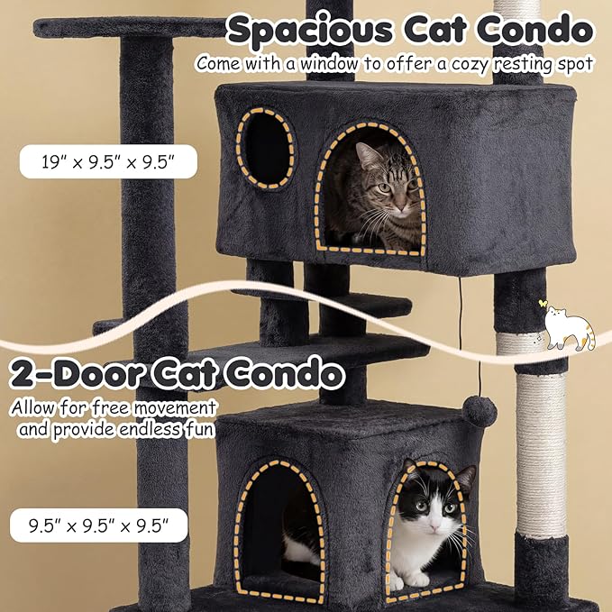 Tangkula Cat Tree Tower, 52 Inch Multi-Level Cat Tower with Sisal Scratching Posts, Cushioned Top Perch, Large Dual Condos & Ladder, 2 Hanging Balls, Jumping Platforms for Indoor Cats (Dark Gray)