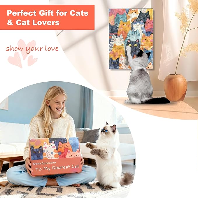 Art Cat Scratching Pad,Wall Scratcher for Indoor Cats - 16.54x11.81x1.18 Inches, Double-Sided Use, Cat Cardboard Scratcher Fits All Breeds & Sizes, Easy to Install,Cat Gifts