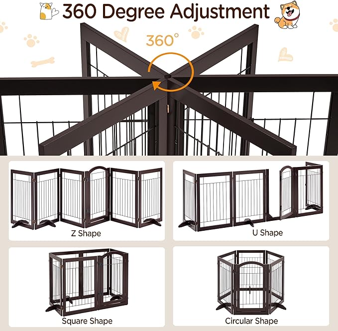 Yaheetech 32-inch Tall Dog Gate with Door Extra Wide Pet Gate for Dogs, Foldable Wire & Wooden Puppy Safety Fence w/3 Support Feet,Freestanding Dog Gate for the House,Doorway,Stairs(Espresso,6 Panels)