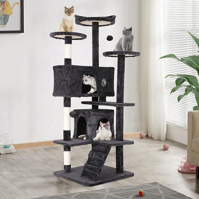 Heavy Duty Cat Tree,54 Inch Tall Cat Tower,2 Cozy Condos,Scratching Posts,Ladders & Sisal Pole,Multi-Level Perches Platforms for Indoor Cats,Sturdy Pet Climbing Furniture,Dark Gray