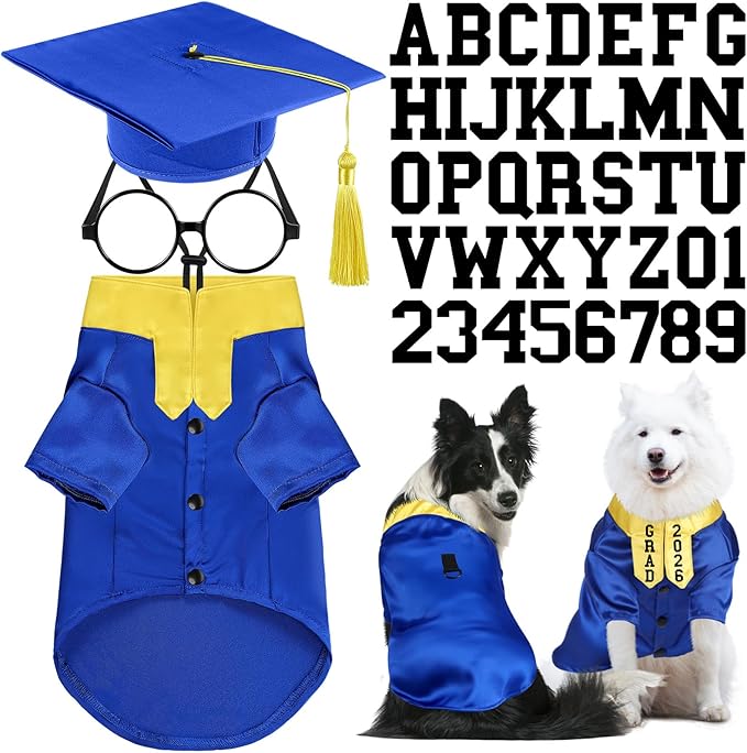5 Pcs Dog Graduation Costume Set Include 2026 Pet Graduation Gown with Stole Puppy Grad Cap Lensless Glasses DIY Letter Stickers for Dogs Cats Holiday Costume Accessory(Blue Yellow,XL)