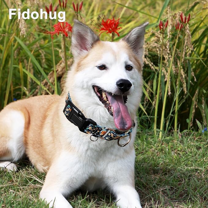 Reflective Martingale Dog Collar with Buckle Soft Nylon Floral No Slip Dog Collars for Puppy Dogs (Black Orange Flowers, XS)