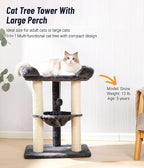 Happi N Pets 28" Cat Tree, Large Bed for Big Cats, Small Cat Tower with Soft Perch for Window Viewing, Stable Cat Tree Tower, Cat Scratching Post with Hammock, Removable Cover-Gray