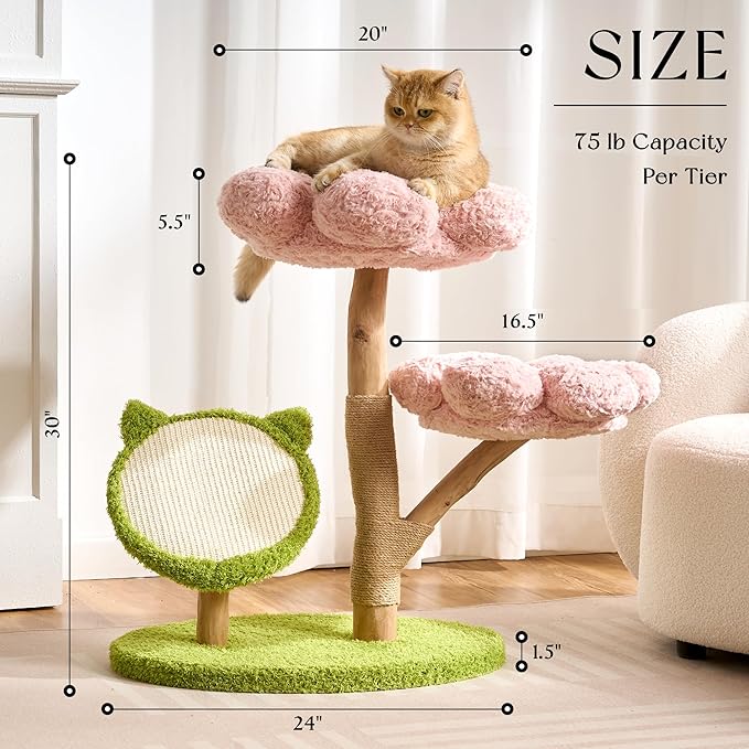 797Audio Natural Wood Flower Cat Tree, Modern Cat Tower with Real Solid Wood Branch, Luxury Aesthetic Cat Tree with Scratching Post, Scratch Pad, Cat Tree Tower for Indoor Large Adult Cats, Baby Pink