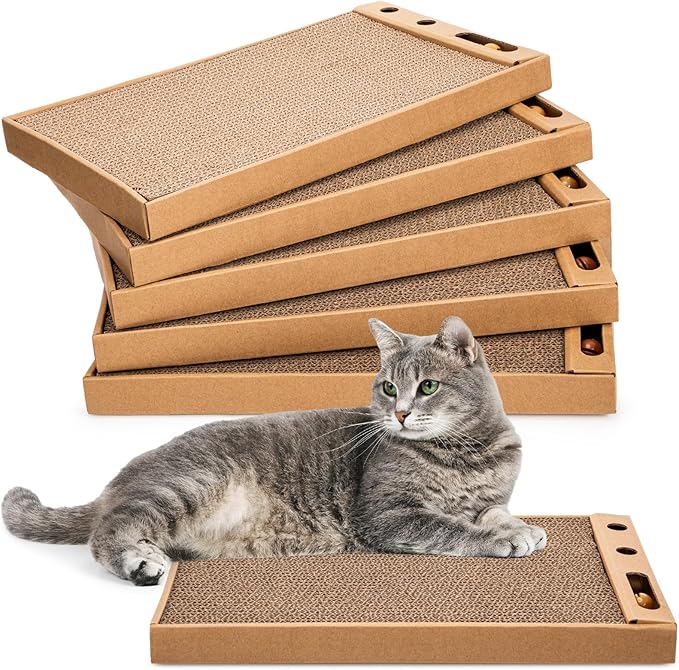 Novabright 6 Pcs Cat Scratching Board Reversible Cardboard Scratcher Wide Cat Scratch Pads with Bell Ball Durable Corrugated Scratch Box Bed for Indoor Kitten Playing Rest Sleep and Protect Furniture