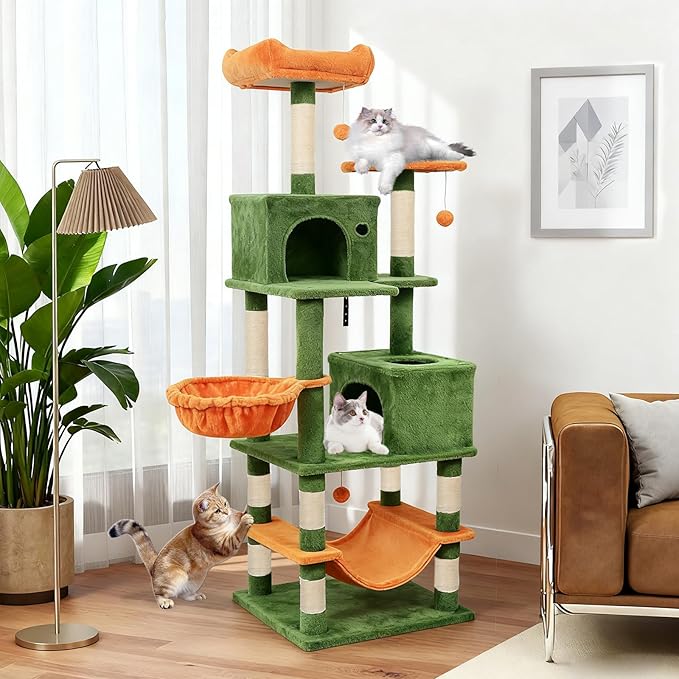 Tangkula 66 Inch Tall Cat Tree, Multi-Level Cat Tower with Sisal Scratching Posts, 2 Condos, Plush Perch, Hammock, Basket, Dangling Toys, Cat Climbing Furniture for Indoor Cats (Green+Orange)