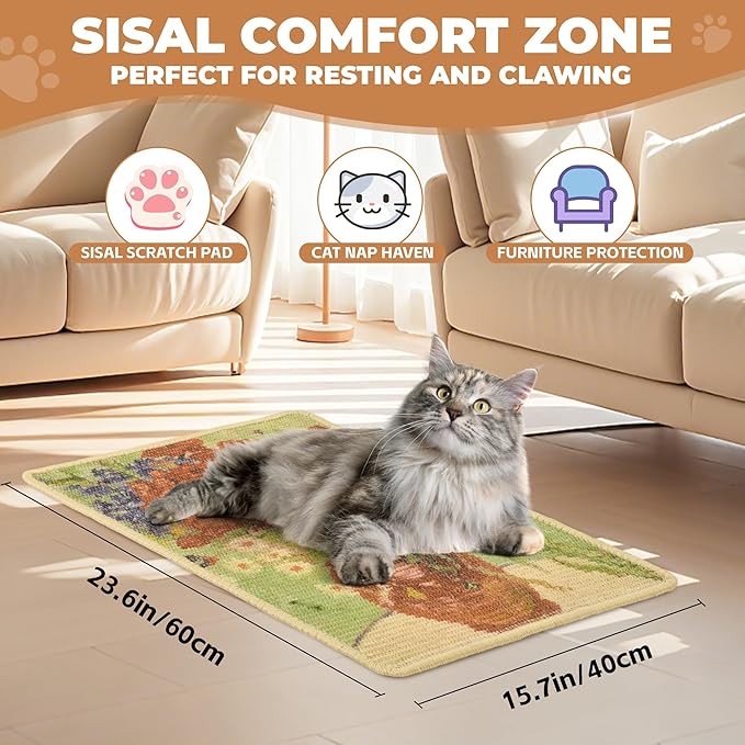 Sisal Cat Scratcher Mat, Cat Wall Scratcher for Indoor Cats, 23.6x15.7 Inch Cat Scratch Pad with Hook & Loop, Wall Mounted Cat Scratching Post to Protect Couch and Carpet（Red Flower）