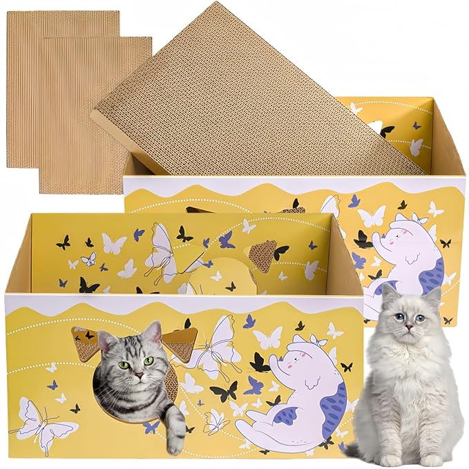 2 Pack Cardboard Cat Scratcher Boxes, 16.5 Inch Heavy Duty Cat Scratching Bed, Large Kitten Lounger with Double-Sided Scratch Pad, Hideaway House with Interactive Hole for Indoor Cats