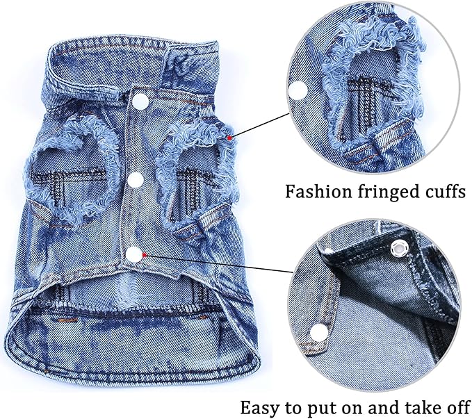 Dog Jean Jacket, Blue Denim Lapel Vest Coat T-Shirt Costume Cute Girl Boy Puppy Clothes, Comfort and Cool Apparel, for Small Medium Dogs Cats, Machine Washable Outfits (Small, Blue)