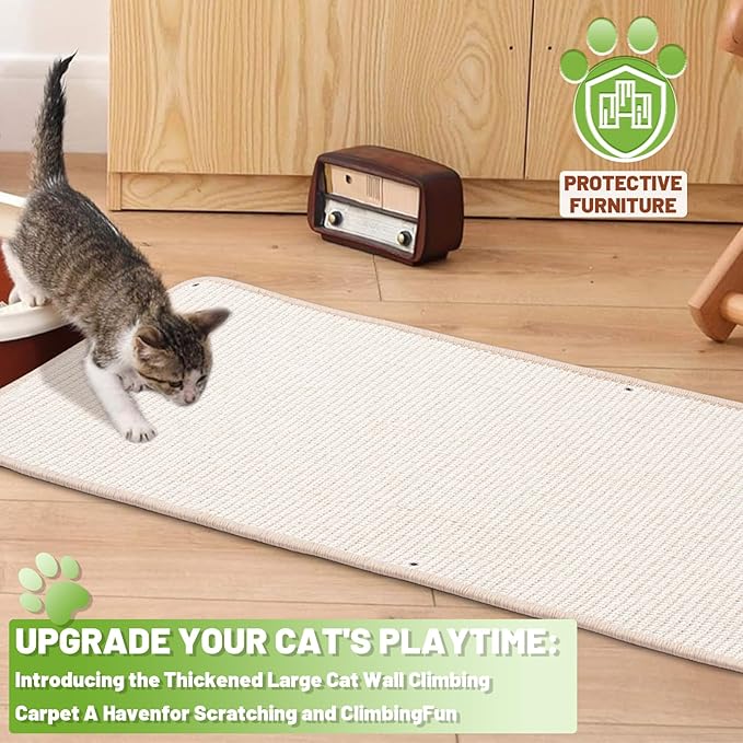 Natural Sisal Cat Scratcher Mat, Wall Scratcher Carpet, Cat Climbing Wall, Large Tall Scratching Post, Sofa Protector, Scratching Mat Pad for Indoor Cats (White, 78.7" Lx15.7 W, 1PC)