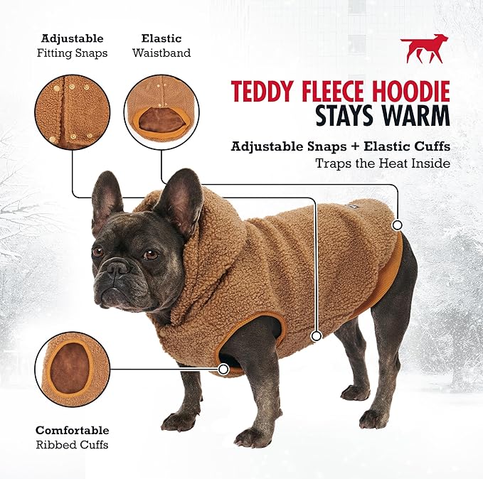 Tuff Pupper Fleece Dog Hoodie Sweater | Teddy Sherpa Outer & Soft Polar Fleece Lining | Adjustable Fit Winter Coat with Hood, Leash Hole, Ribbed Cuffs | for Small Medium Large XL XXL Dogs (Brown, S)