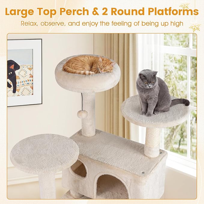 PETSITE 52-inch Cat Tree, Multi-Level Cat Tower with Sisal Scratching Posts, 2 Comfy Condos, Plush Padded Soft Top Perch, Dangling Balls, and Climbing Ladder, Ideal for Indoor Cats (Beige)