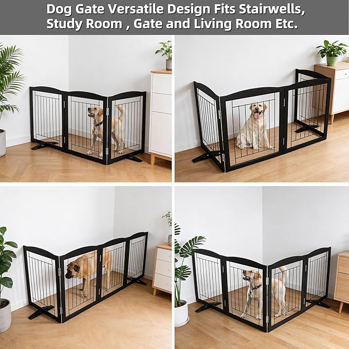 Dog Fence Indoor,Dog Gate Indoor for Doorway pet gate -3-Panel Freestanding, Hallways, House or Stairs -60x24-Inch Retractable Foldable Expandable Wood Pet by SFJC (Black) ﻿