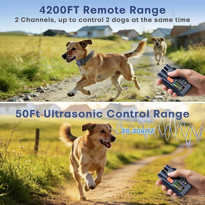 Dog Training Collar with Remote – 4200FT Range, 2-in-1 Ultrasonic Bark Deterrent, 4 Humane Training Modes, Dual Channel, IP67 Waterproof & Rechargeable eCollar for Small, Medium & Large Dogs 20–120lbs