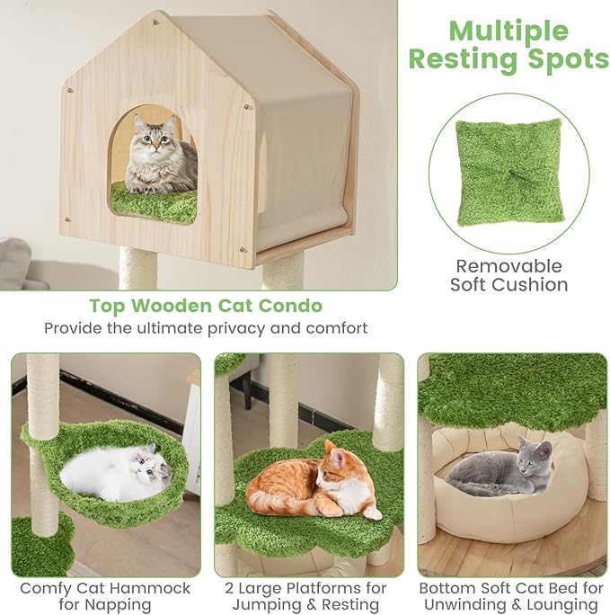 PETSITE 55 Inches Tall Wood Cat Tree, Multi-Level Modern Cat Tower with Sisal Scratching Posts, Condo, Side Hammock and Bed, Ideal for Indoor Cats