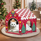 LUCKITTY Cat Scratcher with House Christmas Cardboard House Playground for Indoor Cats, Xmas Scratching Pad Holiday Hideout Decoration