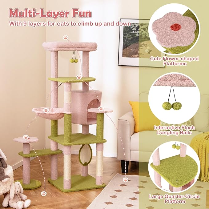 Tangkula Flower Cat Tree, 58 Inch Tall Cat Tower with Plush Padded Top Perch, Cat Condo, Hammock, Sisal Scratching Posts & Board, Dangling Balls, Indoor Pink Floral Cute Cat Tree