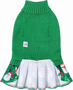 CuteBone Christmas Green Dog Sweater Dress Turtleneck Puppy Sweater with Bowtie Harness Hole Pullover Winter Dress for Medium Large Dogs