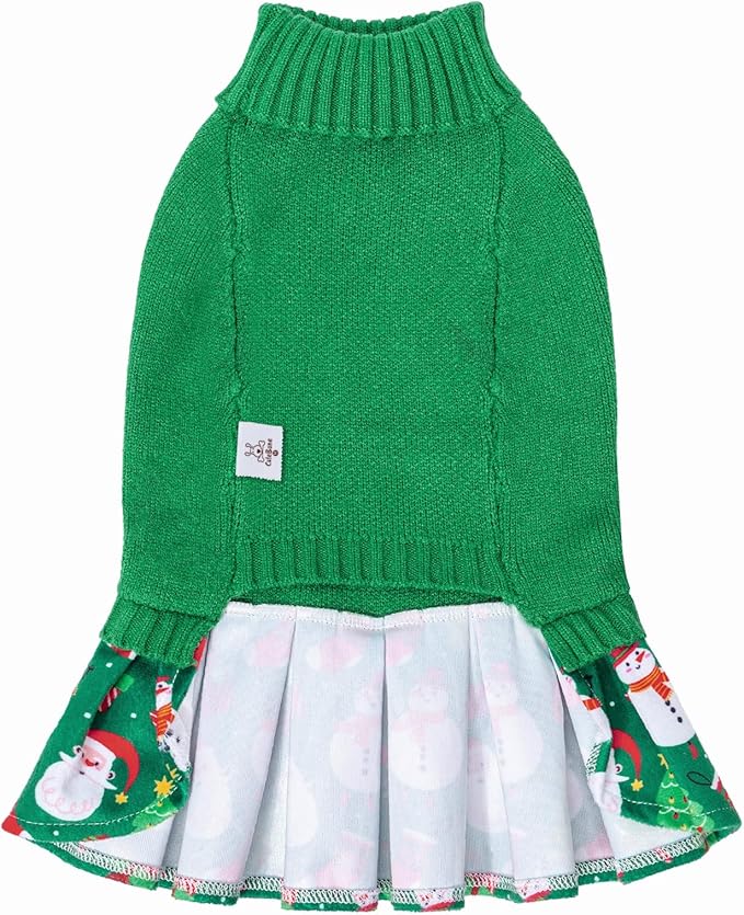 CuteBone Christmas Green Dog Sweater Dress Turtleneck Puppy Sweater with Bowtie Leash Hole Pullover Winter Dress for Small Dogs
