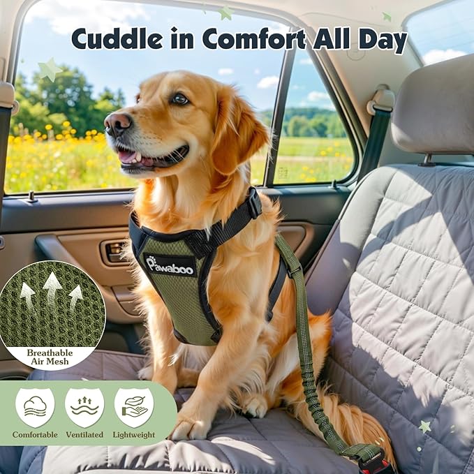 Pawaboo Dog Seat Belt Harness for Car, Dog Car Harness Seatbelt with Double Clips, Adjustable Breathable Pet Vest & Dogs Safety Tether with Elastic Bungee for Small Medium Large Pet, L, Green + Black