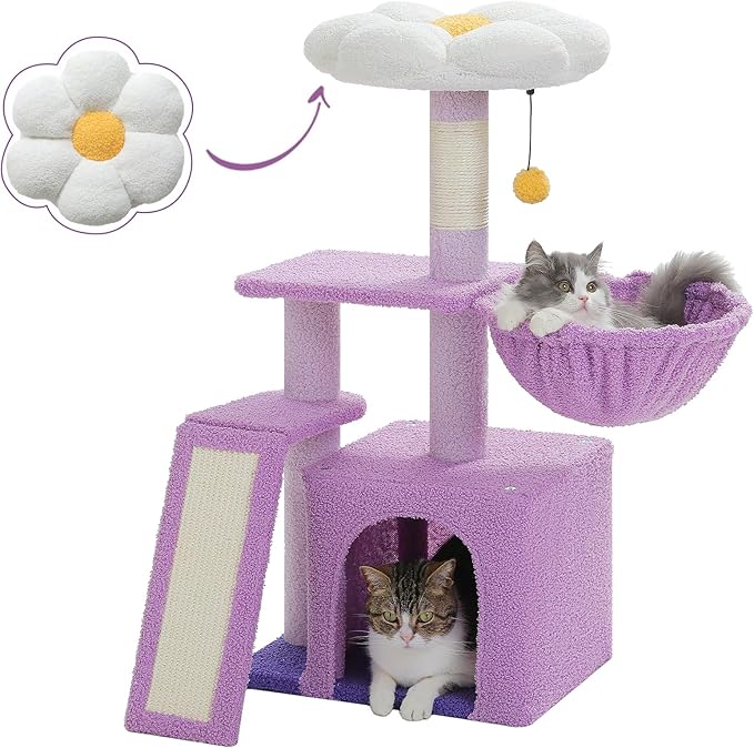 PETEPELA Flower Cat Tree for Indoor Cats, 31.5'' Small Cat Tower Cat Condo with Sisal Scratching Ramp+ Cat Scratching Post, Mushroom Tall Cat Scratcher Featuring with Natural Sisal Scratching Poles