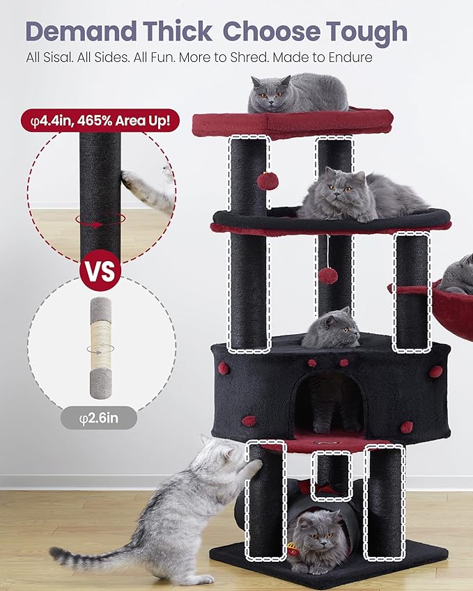 Heavy Duty Cat Tree for Large Cats Adult - 60 Inch XXL Sturdy Cat Tower Condo with Extra Wide Scratching Posts (φ4.4in) Big Cat House Hammock Perch - Indoor Wood Modern Multi Level Corner Cat Bed