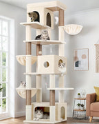 Globlazer Large Cat Tree, 80 inch Multi-Level Tall Climbing Tower Kitty Condos Cat Scratching Tower for Indoor Multiple Large Adult Cats Kittens with 3 Cat Caves, 3 Hanging Baskets, F80F, Beige