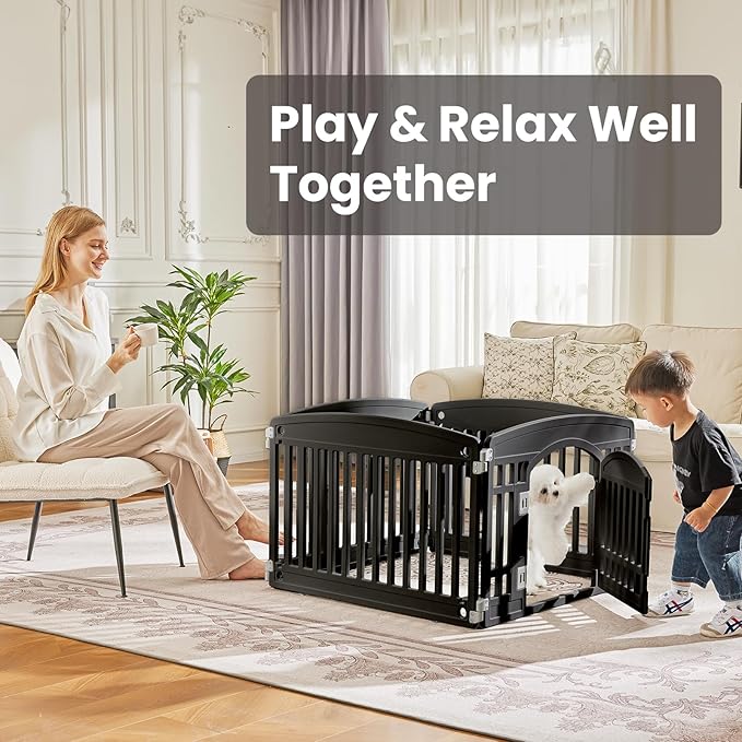 SMUG Dog Playpen 4-Panel 24" | Safe & Secure Indoor/Outdoor Pet Fence | Folding & Portable |35 x 35 x 24IN, Ideal for Small to Medium Dogs | Easy to Clean （Black）