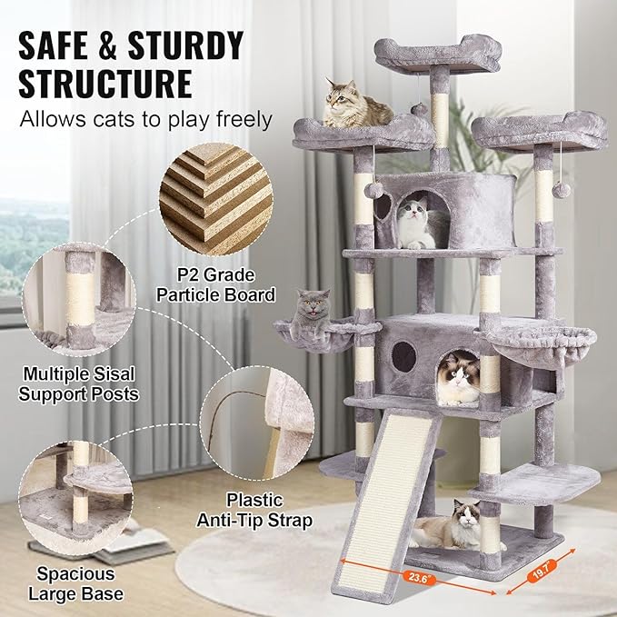 Cat Tree Tower 68.5" for Indoor Cats with 2 Condos, Scratching Posts, Hammocks & Perches, Multi-Level Cat Furniture with Sisal Posts & Plush Platforms, Supports Multiple Cats