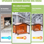 GUTINNEEN Extra Large Heated Outdoor Dog House Weatherproof Dog Kennel with Anti-Chewing Iron Frame, Wooden Insulated Dog Shelter with Porch, Heating Pad and Insulated Liner for Winter