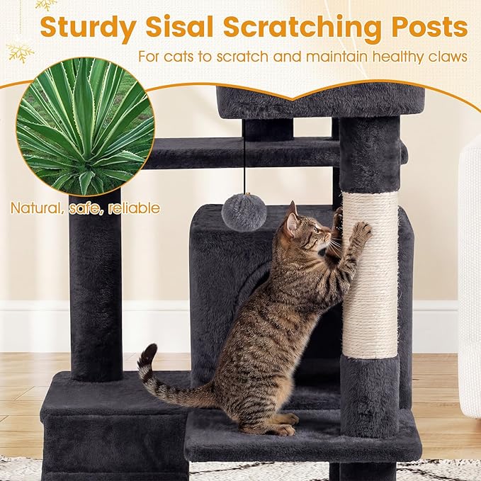 PETSITE 52-inch Cat Tree, Multi-Level Cat Tower with Sisal Scratching Posts, 2 Comfy Condos, Plush Padded Soft Top Perch, Dangling Balls, and Climbing Ladder, Ideal for Indoor Cats (Dark Grey)