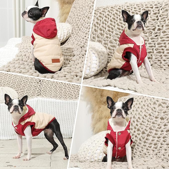 Fleece Lining Extra Warm Dog Hoodie in Winter for Small Dogs Jacket Puppy Coats with Hooded,Beige and Red M