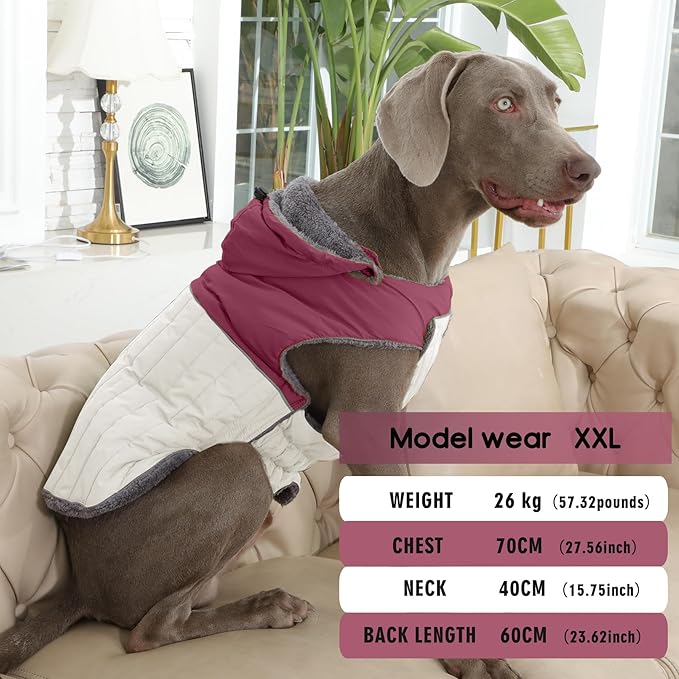 Detachable Hooded Dog Coat with Harness for Large Dogs,Super Warm Fleece Puppy Jacket for Cold Winter Doggie Coats,Red XXXL