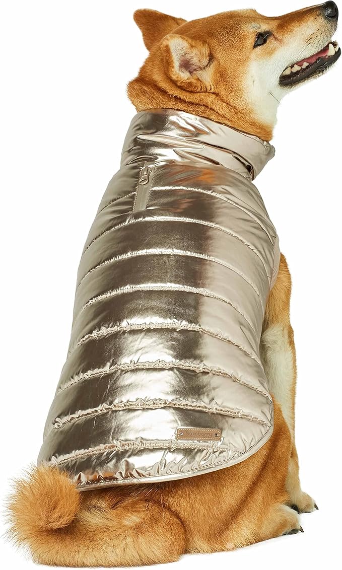 Blueberry Pet Cozy Windproof Puffer Jacket – Glossy Gold Winter Coat for Medium-Sized Dogs, Size 14 (15.75" Back Length), Easy On/Off Design with Leash Hole, Stylish Outdoor Accessories