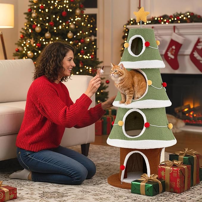 PETSITE 61 Inches Cat Christmas Tree, Cute Christmas Cat Tower with 4 Condos, Colorful Ornaments, Sisal Board, Dangling Ball, Spring Toy, and Star-Shaped Spring-Type Top, Ideal for Indoor Cats