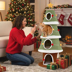 PETSITE 61 Inches Cat Christmas Tree, Cute Christmas Cat Tower with 4 Condos, Colorful Ornaments, Sisal Board, Dangling Ball, Spring Toy, and Star-Shaped Spring-Type Top, Ideal for Indoor Cats
