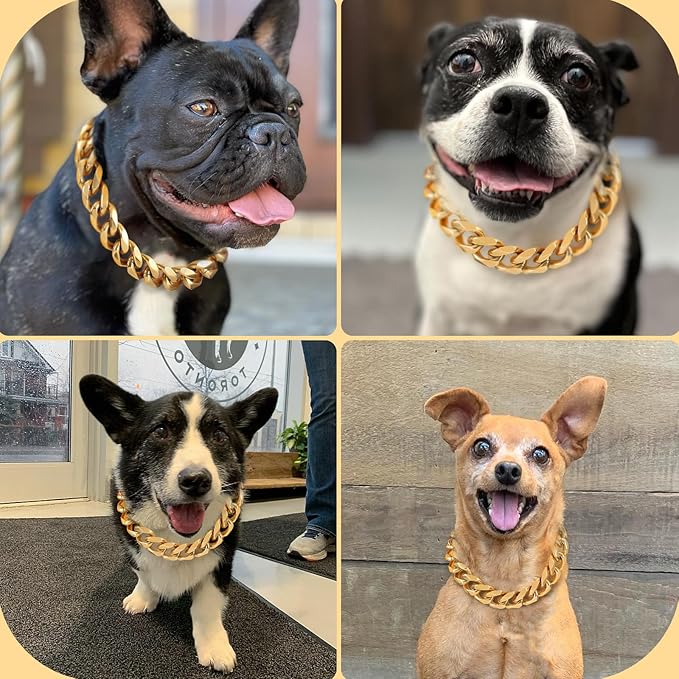 BAOBOTE 15MM Gold Stainless Steel Dog Collar with Cuban Link Chain Heavy Duty Chew Proof Training Collar for Dogs(20" Gold)