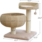 PetPals 23" High Handwoven Recycled Paper Rope Baskets Bed and Perch, Sisal Scratching Post, Playful Teaser Toy, Washable Cushion, for Indoor Cats (Beige)