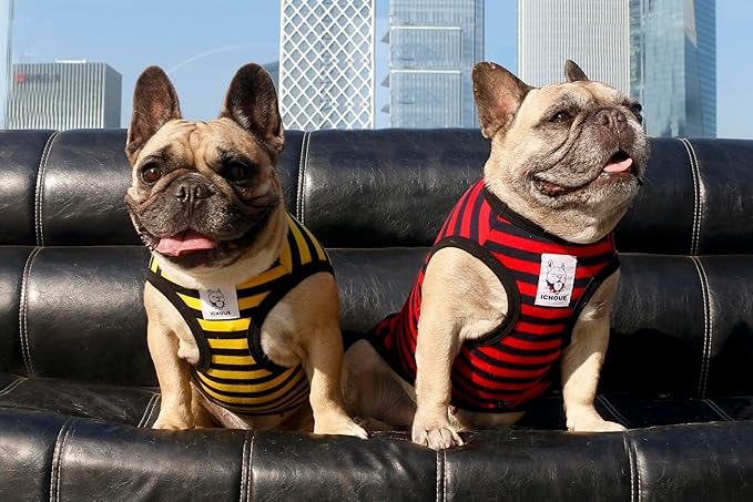 iChoue English Bulldog 100% Breathable Cotton Striped T Shirts Halloween Vest Clothes for Medium Dogs Tank Tops French Frenchie Pug Boston Terrier Pitbull Yellow Black Stripes - XXLarge