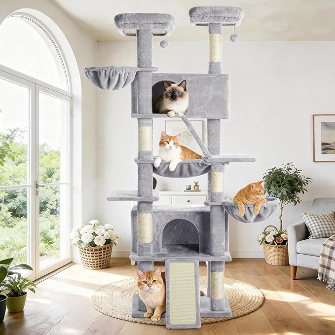 Cat Tree 82 in Multi-Level Cat Tower for Indoor Cats, Heavy Duty Large Cat Tree with Sisal Scratching Posts, Hammock, 2 Perches, 2 Condos, 2 Hanging Baskets, Light Grey