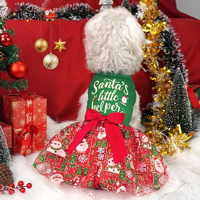 XPUDAC Dog Christmas Dress Outfit Snowman Tulle Dress Holiday Dog Clothes for Small Dogs Girl, Santa Pet Costume Cat Outfits-Medium
