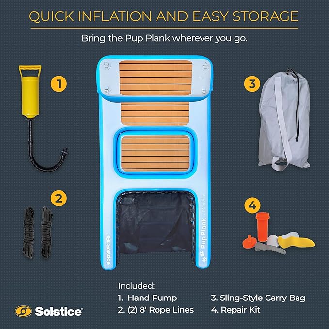 SOLSTICE Inflatable Pup Plank, Dog Water Ramp for Boats & Docks, Lounge, 250 lb Capacity - Floating Platform for Pets for Lake, River, Beach & Swimming Pool, Includes Pump, Patent-Protected Design