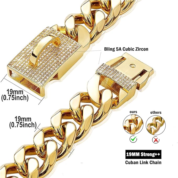 New Gold Dog Chain Collar with Bling Zircon Buckle,19MM Strong Stainless Steel Cuban Link Chain Collar,Dog Necklace Collar for Small Medium,Large Dogs