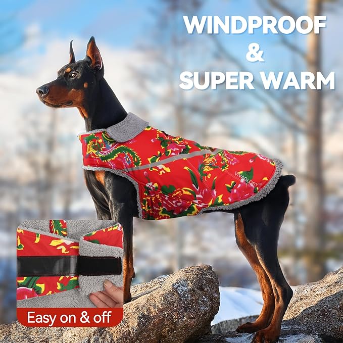 VIVAGLORY Snowrap Dog Coat, Jacket with Harness Hole, Dog Coat for Winter & Cold Weather, Fluffy Warm Fleece Lined Reflective Water Resistant for Puppy, S, Northeast Florals-Red