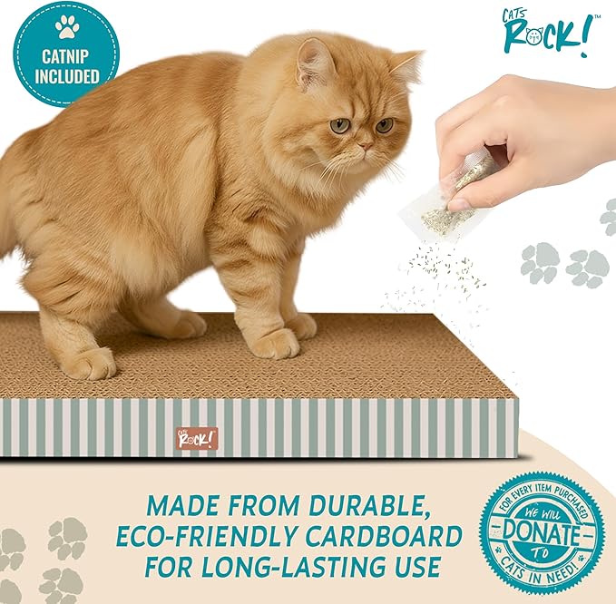Cats Rock Scratching Board for Indoor Cats, Corrugated Cardboard Cat Scratcher with Catnip, Double-Sided Scratch Pad, Rectangle Scratcher Icon and Squares Design (Pack of 2)