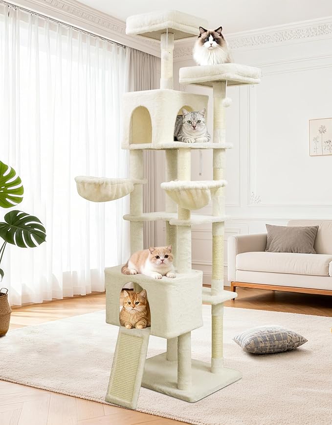 82" Tall Cat Tree,Giant Cat Tree for Indoor Cats Large Adult, Heavy Duty Cat Tree Tower, Extra Large Cat Trees with Scratching Posts, Cat Condos, Hammock,Top Perch,Ramp (Beige)