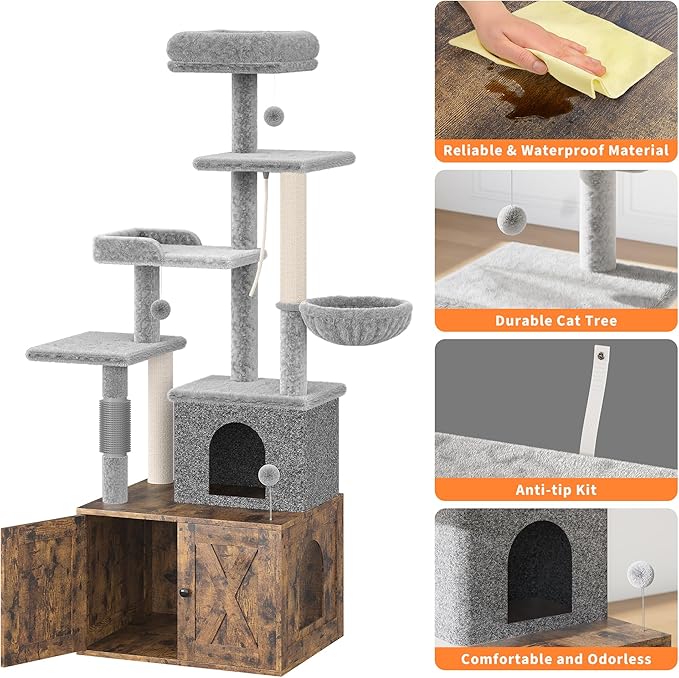 Cat Tree with Litter Box Enclosure Large, Multilevel Cat Play House with Large Condo, Spacious Hammock, Cozy Top Perch,Scratching Post and Dangling Balls,Wooden Cat Furniture for Indoor Cats,Brown