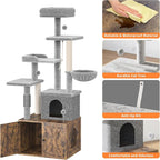 Cat Tree with Litter Box Enclosure, Hidden Cat Washroom Furniture,All-in-one Indoor Kitten House w/Scratching Posts, Multiple Platform and Condo, Modern Style Cat Tower, Hammock, Rustic Brown