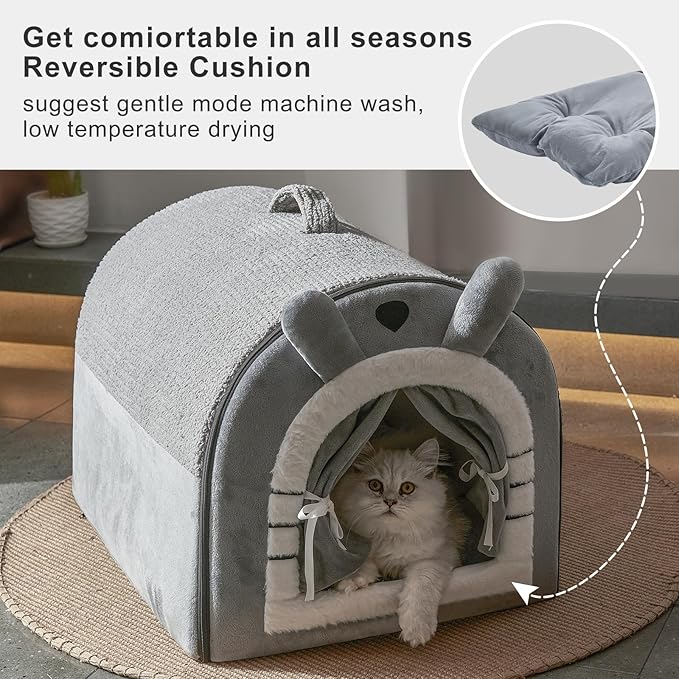 Jiupety Small Dog House Indoor, Dog Cave with Door Curtain Design, Puppy House with Reversible Washable Cushion, M Size Portable Pet Cave for 7-13 lb Cats and 5-11 lb Dogs, Non-Slip Bottom, Grey