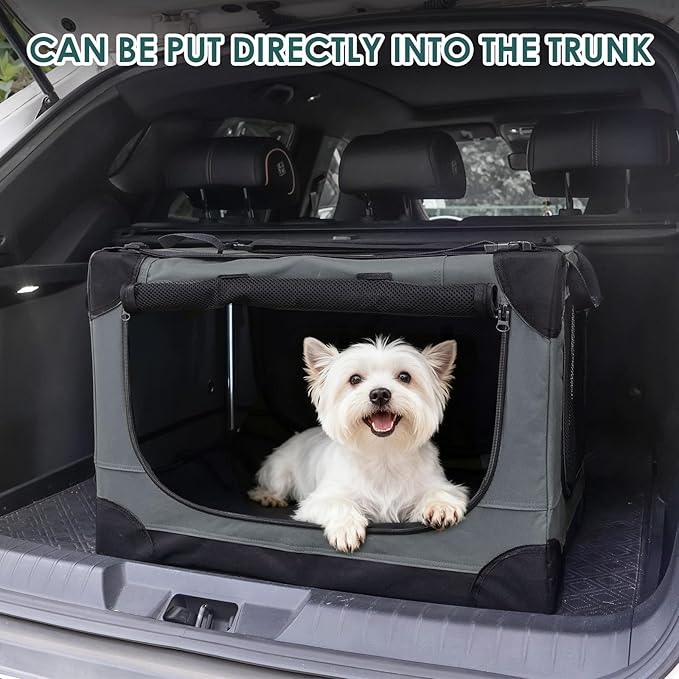 Soft Small Dog Crate - 24 inch Portable Travel Puppy Crate for Small Pets or 2 Cats, Collapsible Pet Carrier with 4 Mesh Doors, Car Kennel for Dogs with Handle for Indoor and Outdoor, Grey